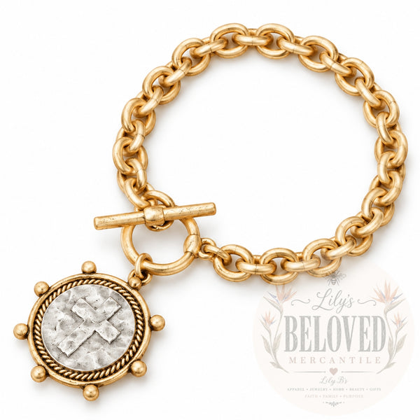 Cross Coin Chain Bracelet with Toggle Closure