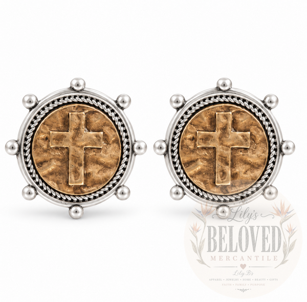 Cross Coin Stud Earrings